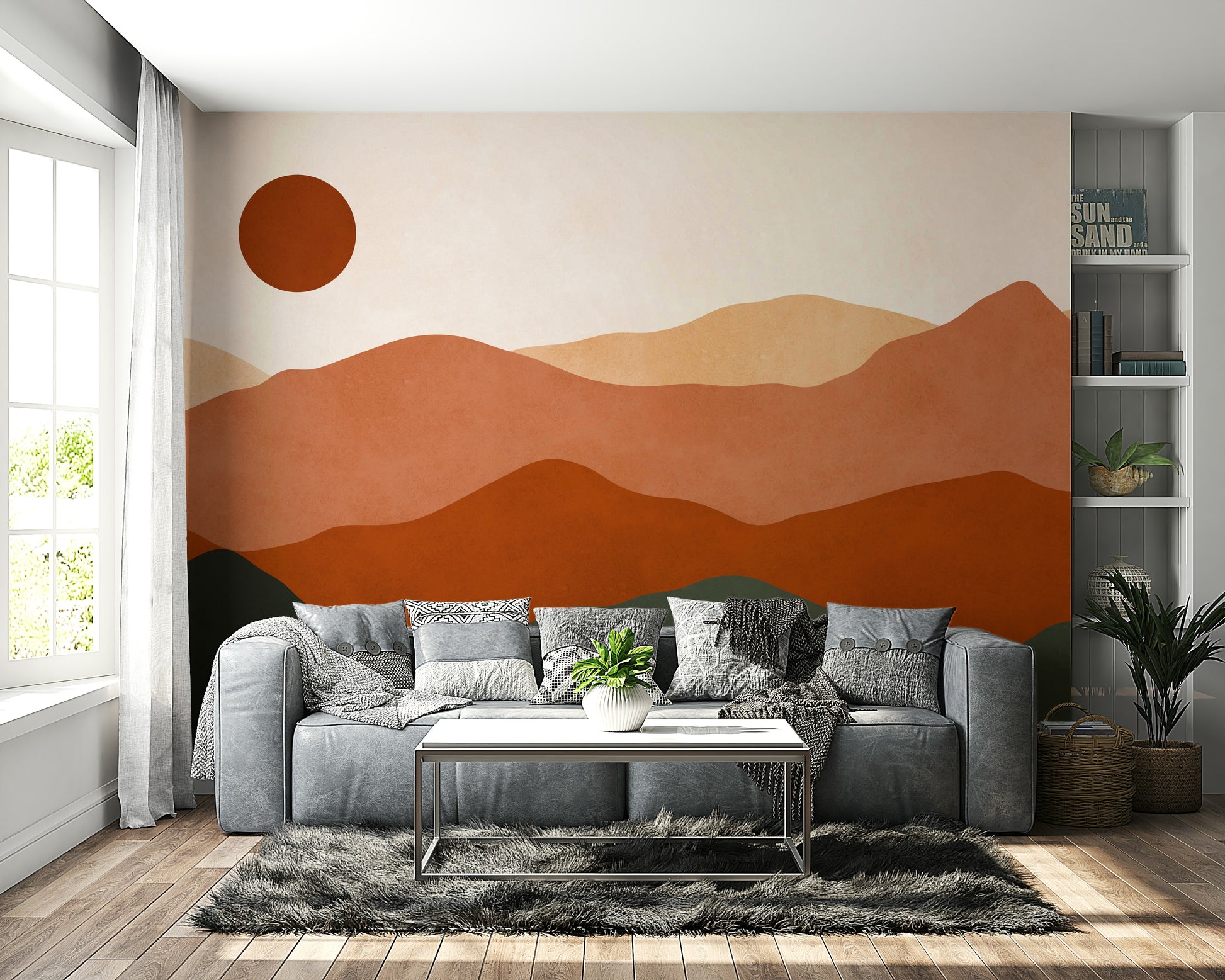 The mural shows hills in earthy tones.