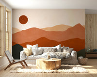 A wall mural featuring a mountain range.

