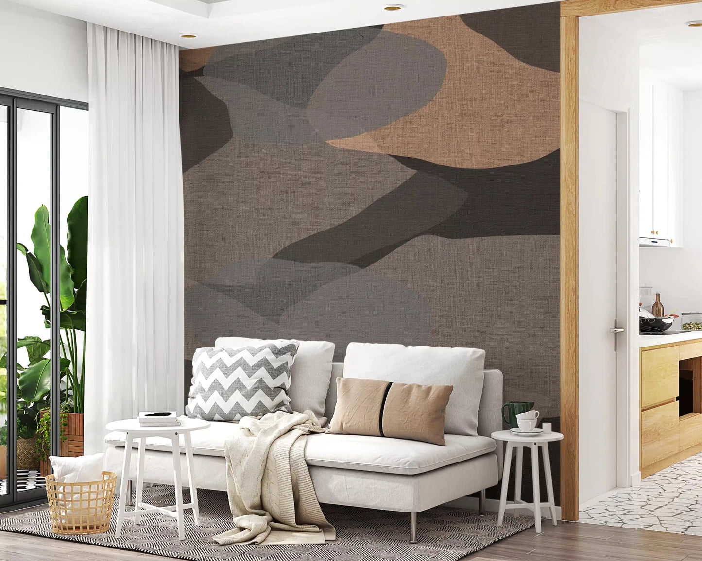 Warm earth forms gather along a lounge in Organic Layers Abstract Geometry wall mural.GD9552