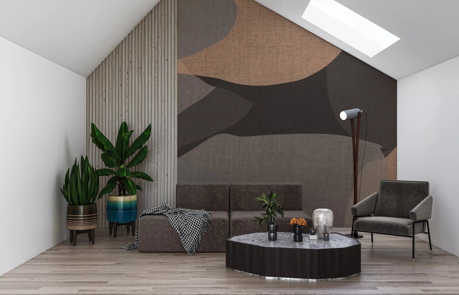 Pebble-like shapes sit behind a family living room in Earthy Organic Abstract wall mural.GD9552