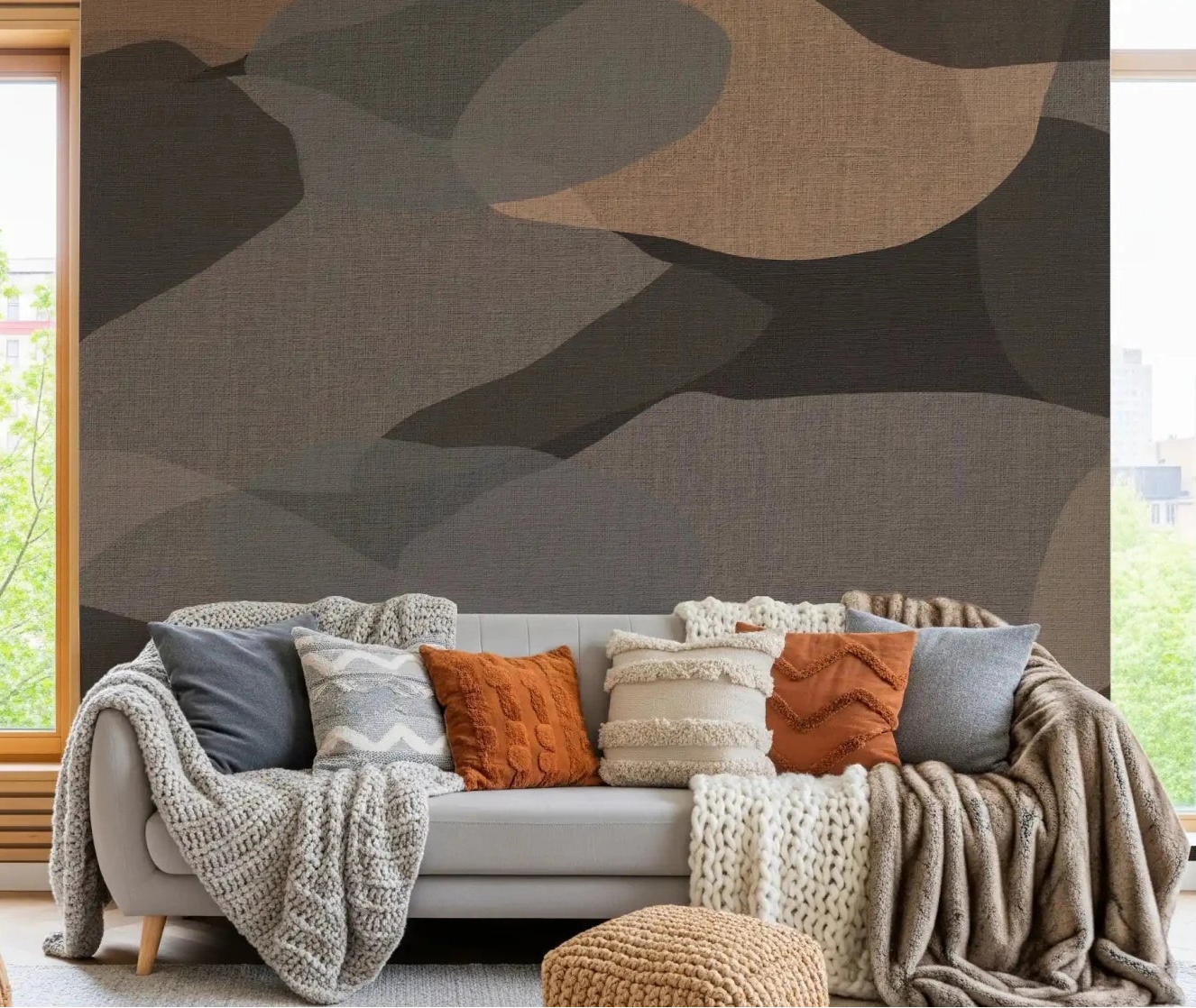 Soft pebble layers drape behind a living room with Earthy Organic Layers wall mural.GD9552