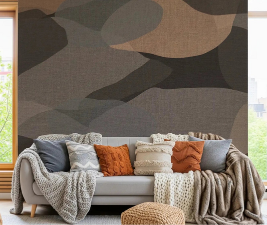 Soft pebble layers drape behind a living room with Earthy Organic Layers wall mural.GD9552