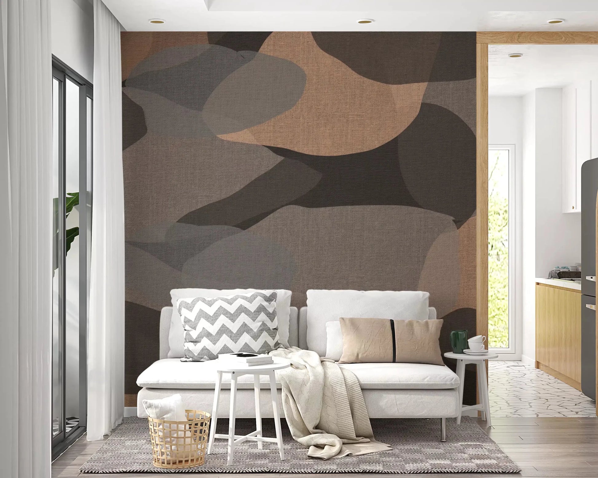 Overlapping shapes settle across a sitting room in Earthy Layers Abstract Geometry wall mural.GD9552