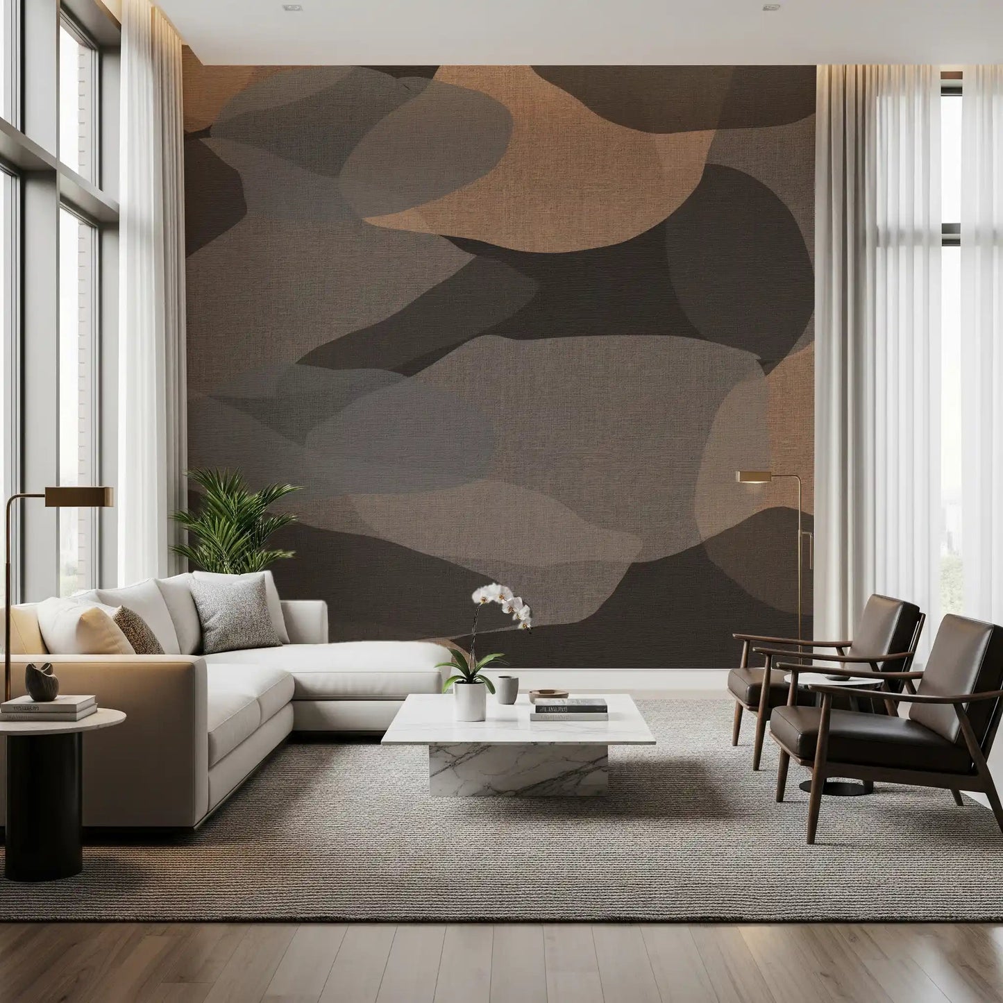 Sculptural curves rest behind a Living room with Earthy Organic Geometry wall mural.GD9552