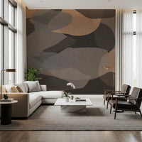 Sculptural curves rest behind a Living room with Earthy Organic Geometry wall mural.GD9552