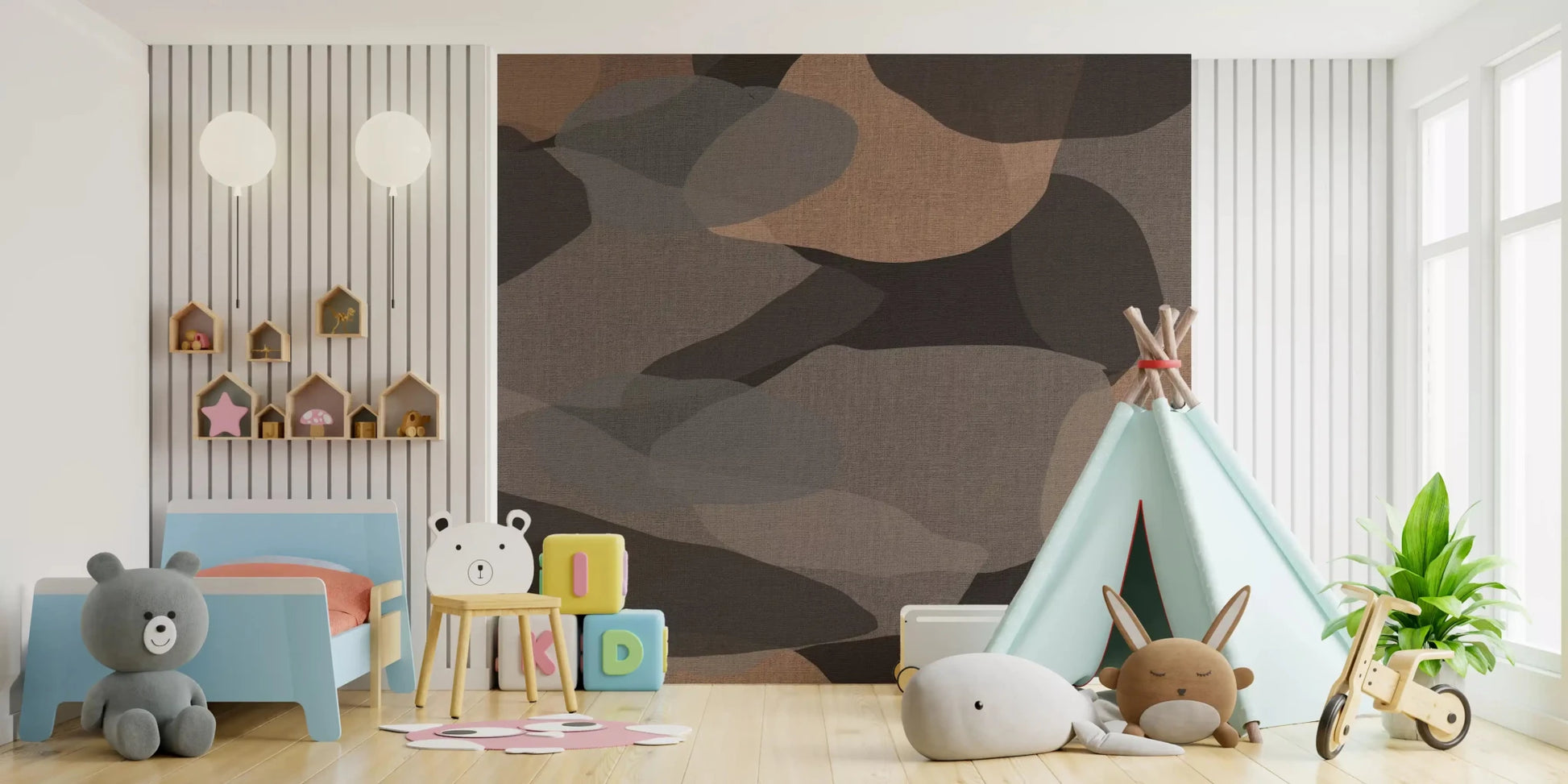 Brown, gray, and peach forms layer through Earthy Organic Layers Abstract Geometry wall mural.GD9552