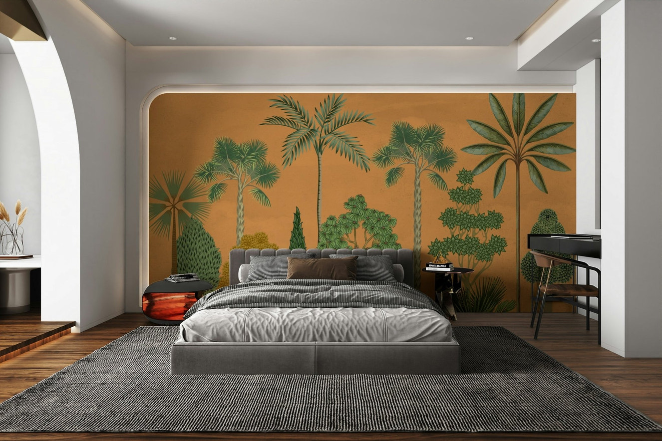 A full-wall mural featuring overlapping palm leaves.
