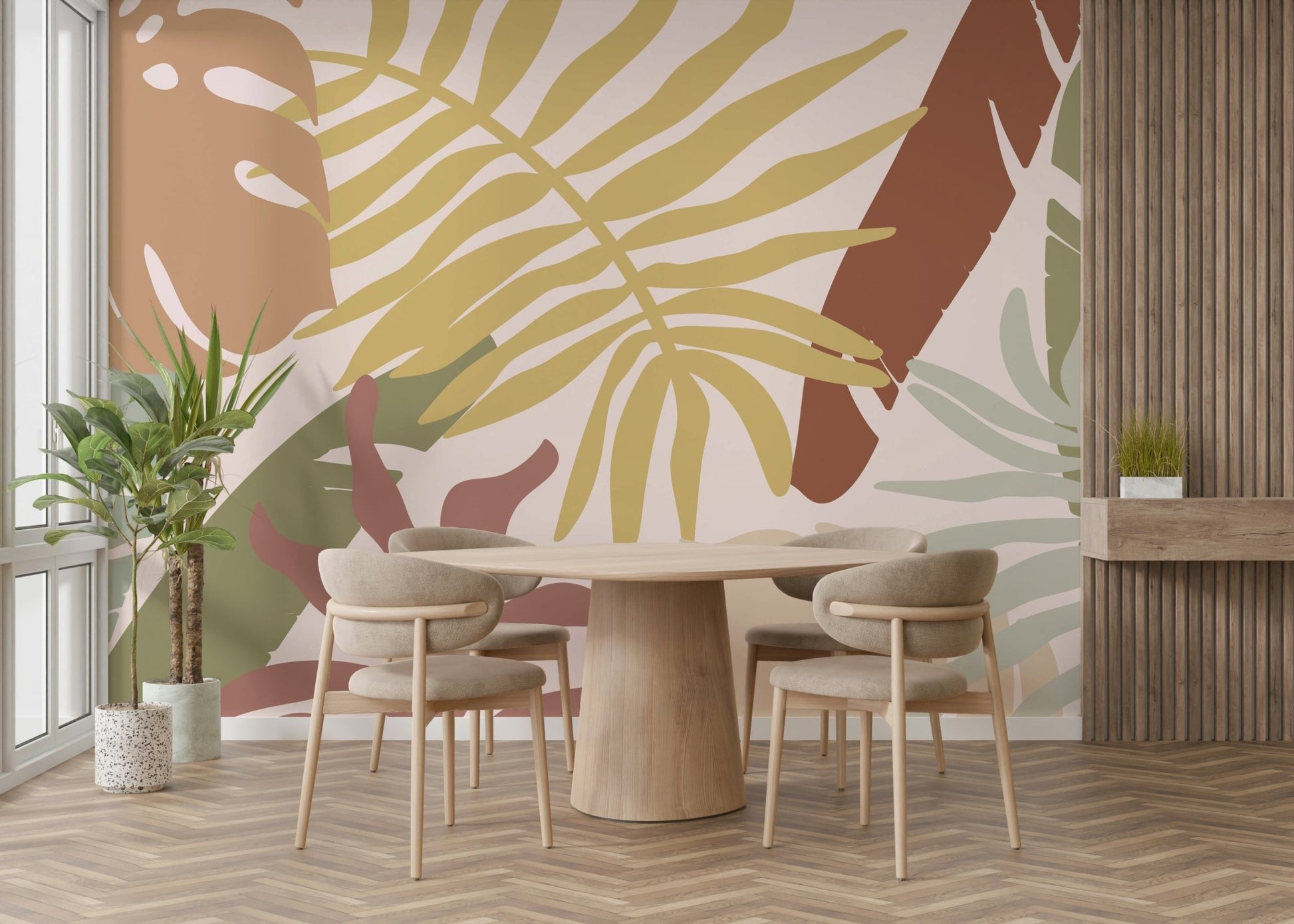 A serene tropical leaf wall mural for your decor.

