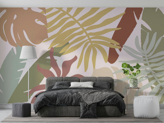 A beautiful earthy palm wallpaper mural for a cozy room., GD5102