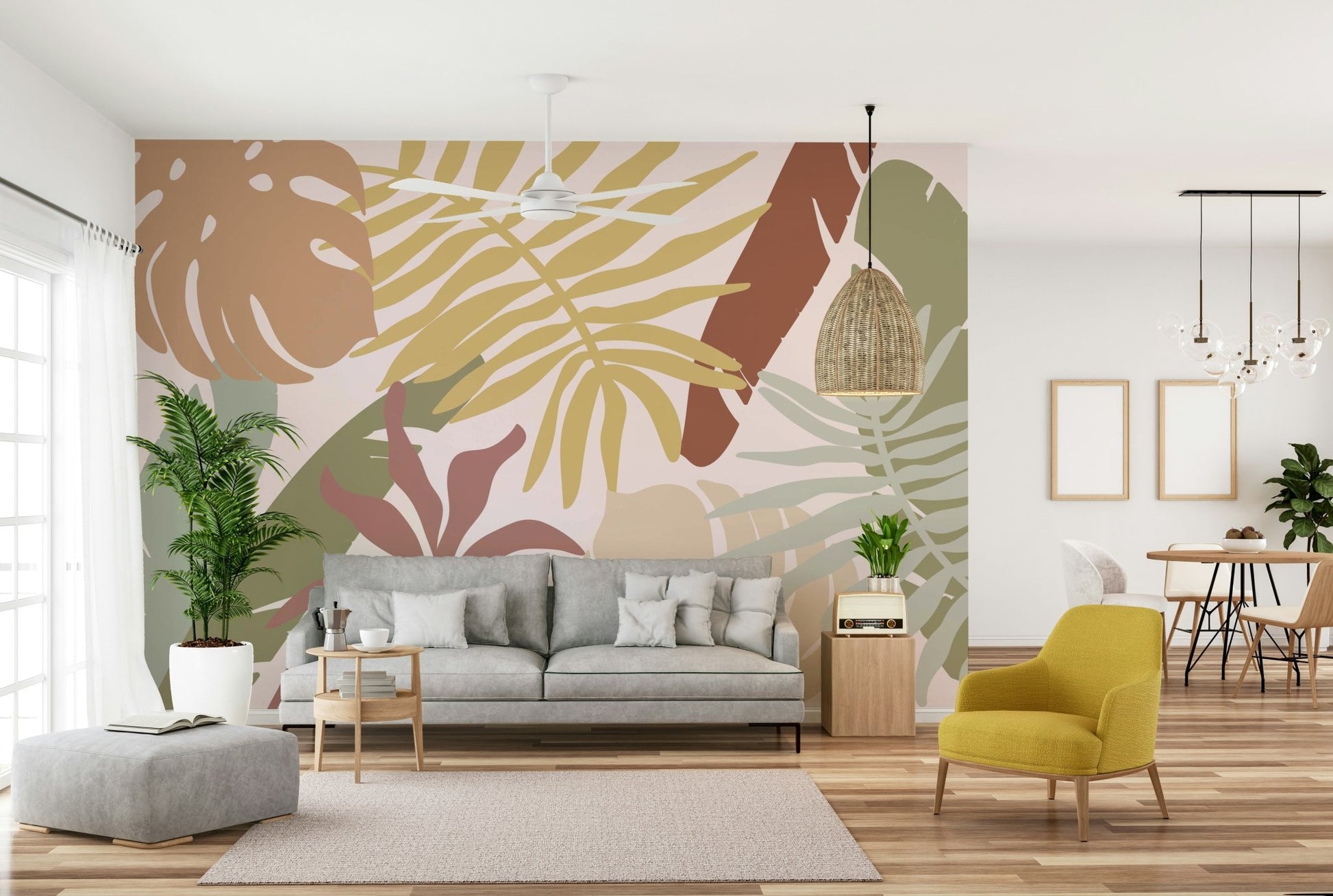 A peaceful tropical garden mural on decorative wallpaper.


