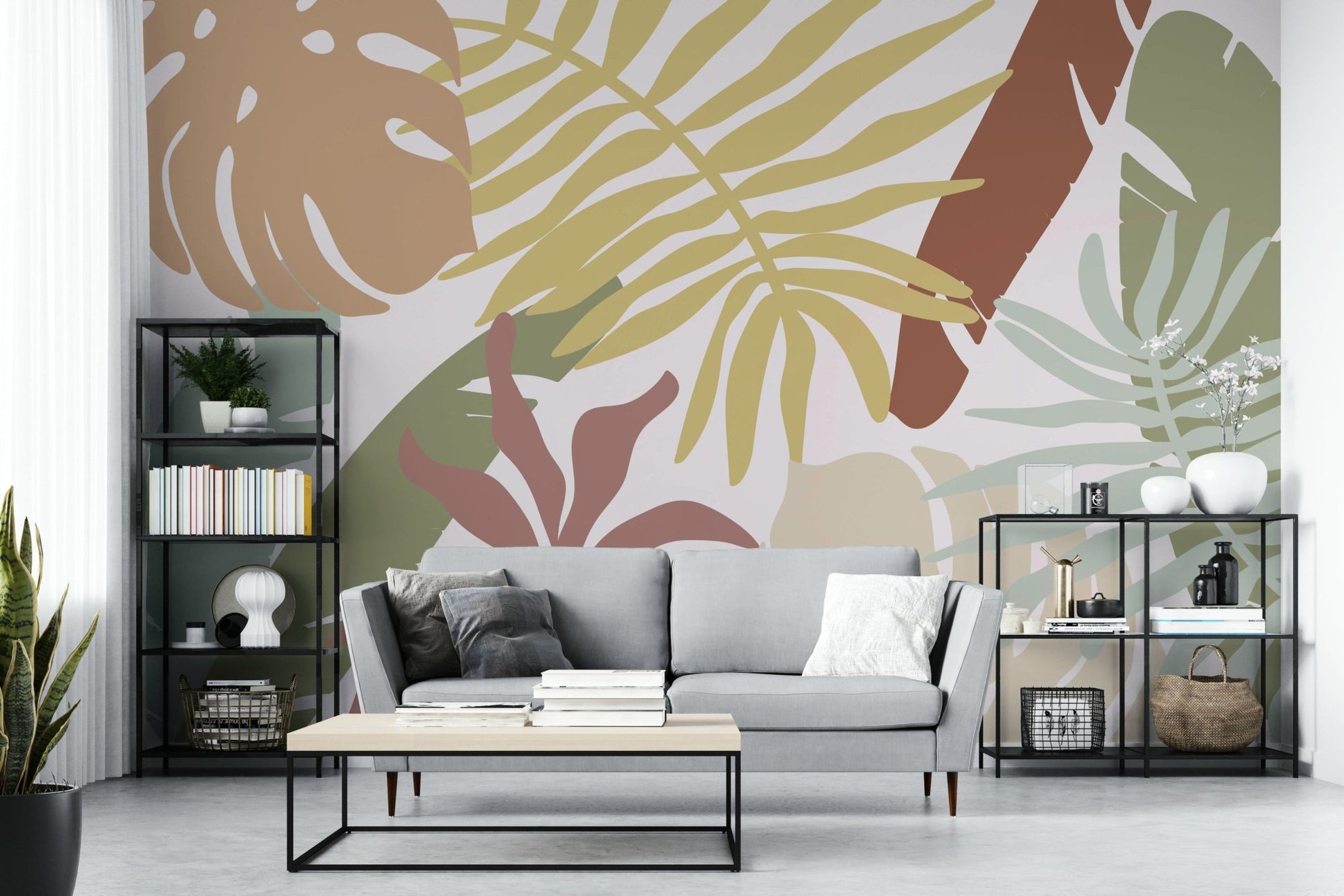A graceful subtle leaf wall mural in warm, earthy tones.

