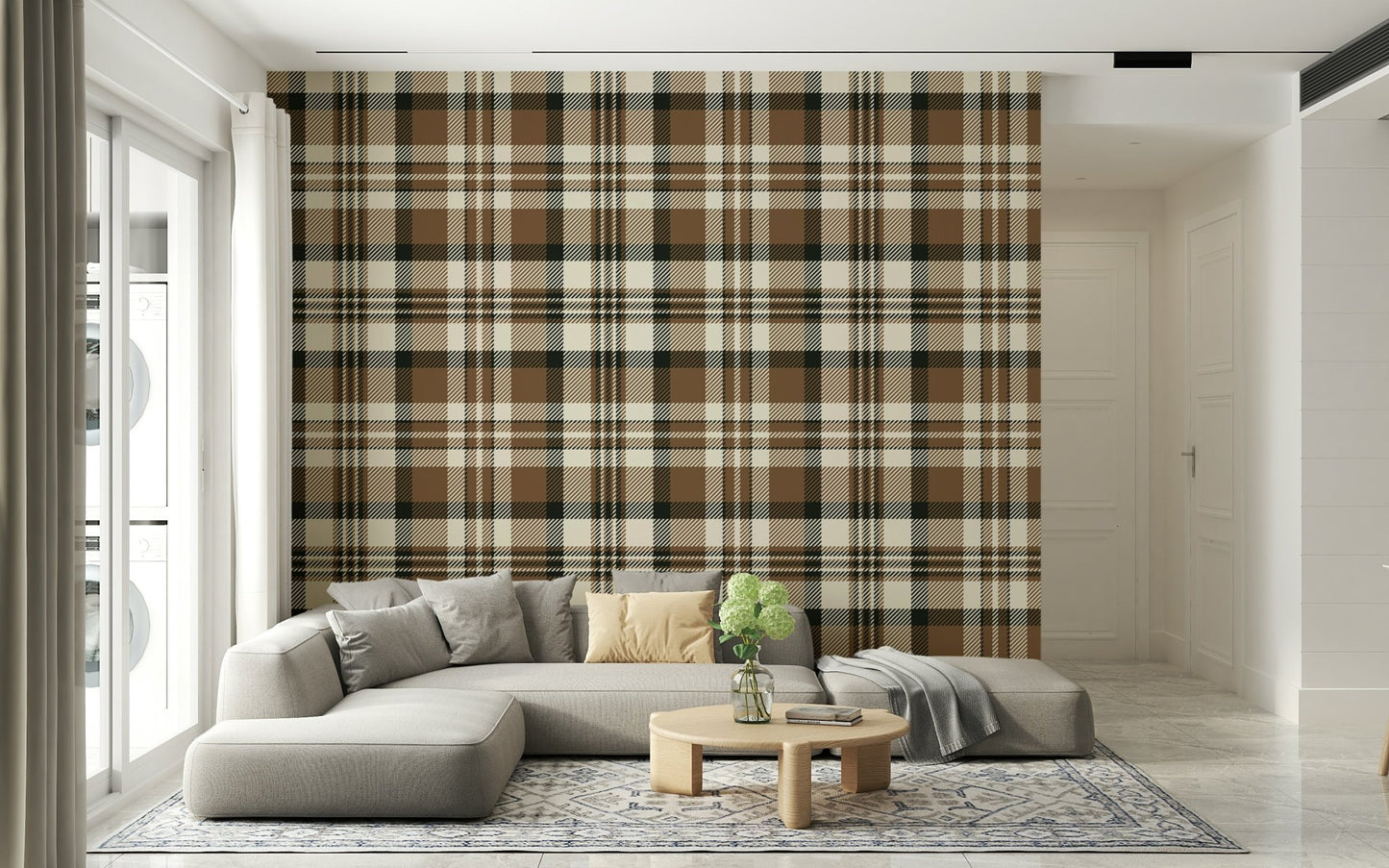 A serene subtle tartan pattern wall mural for cozy decor.