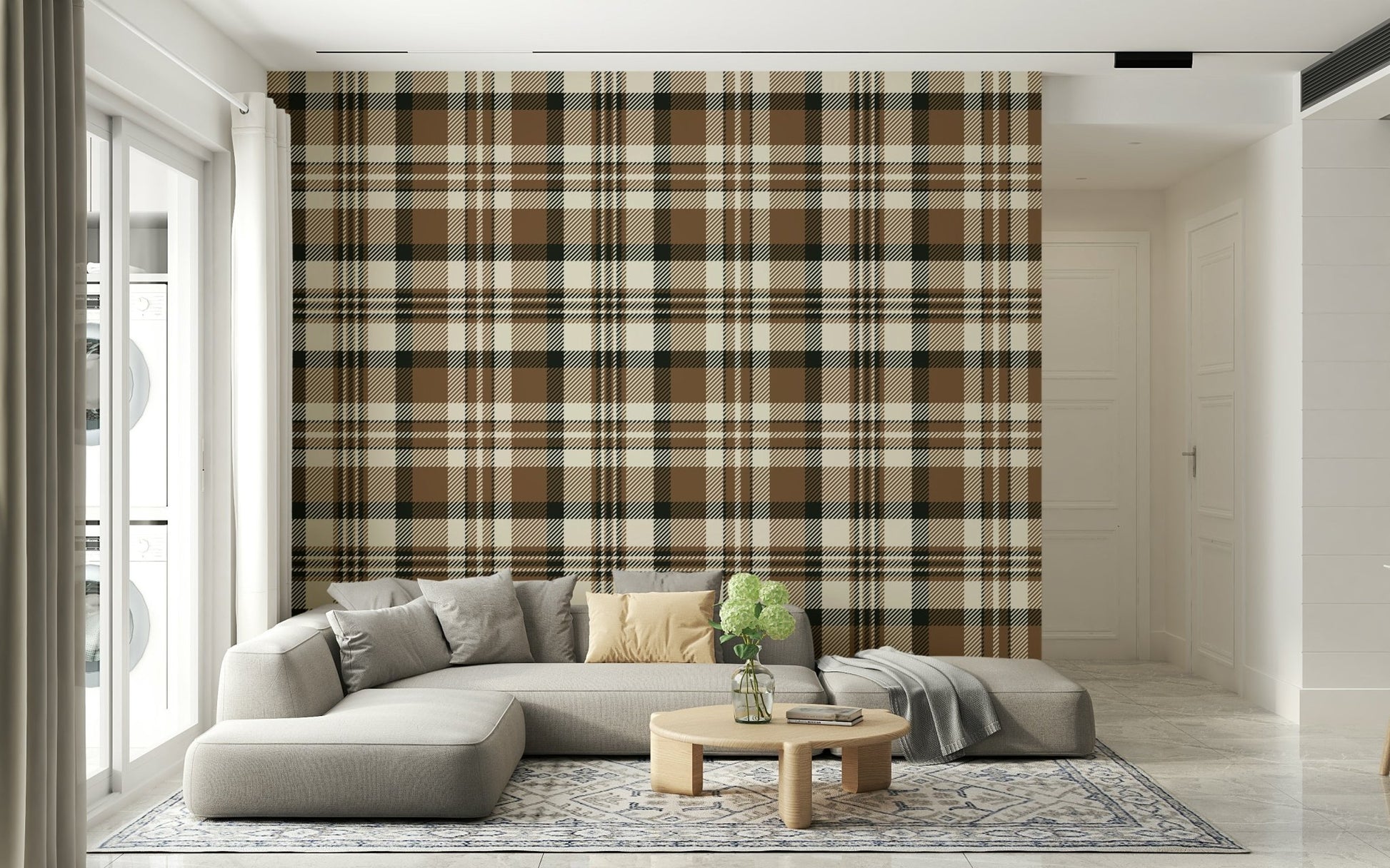 A serene subtle tartan pattern wall mural for cozy decor.