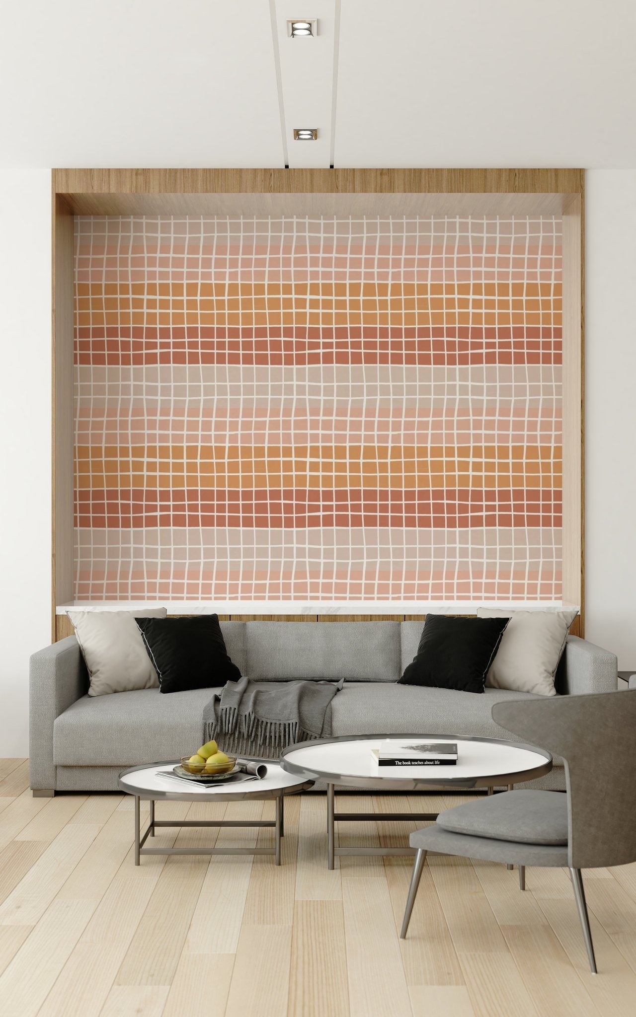 Cozy interior Earthy Squares Wallpaper decor print.