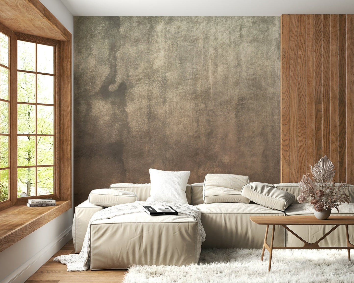 A peaceful woodland vista mural on decorative wallpaper.