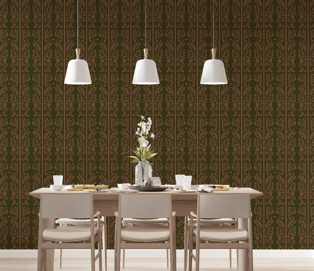 Dining room with Earthy toned Cottagecore Floral Wallpaper stripes