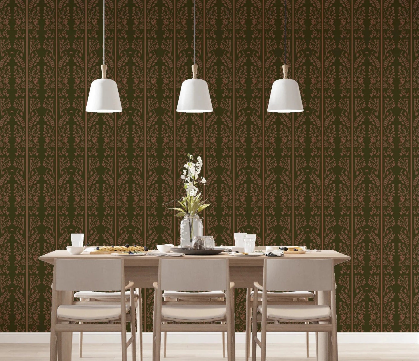 Dining room with Earthy toned Cottagecore Floral Wallpaper stripes, GD8805