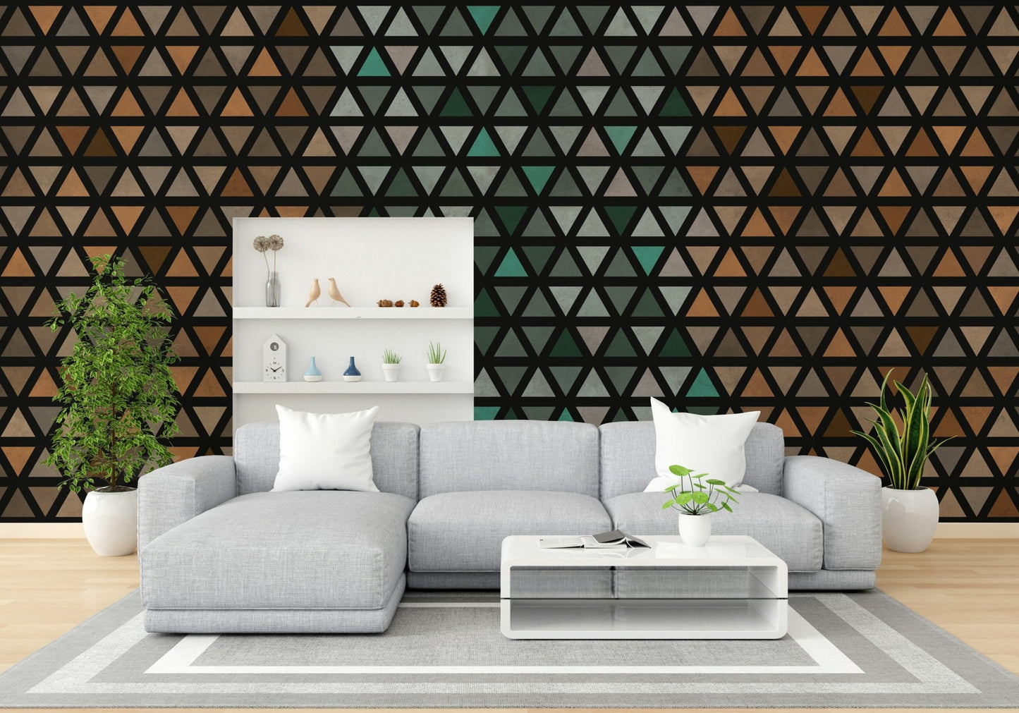 Triangle pattern mural in terracotta and beige, GD1997