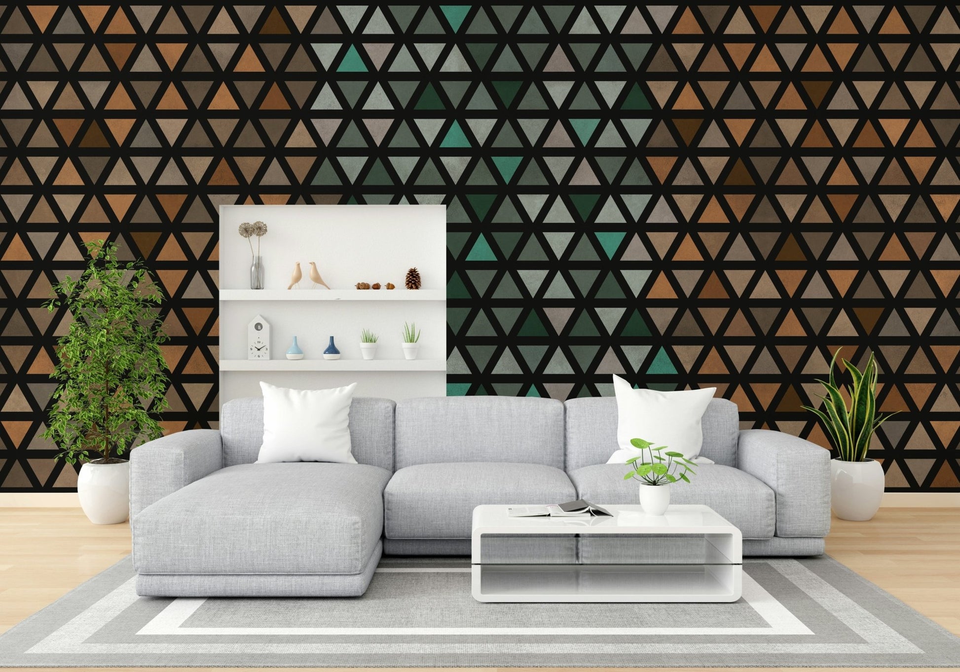 Triangle pattern mural in terracotta and beige, GD1997