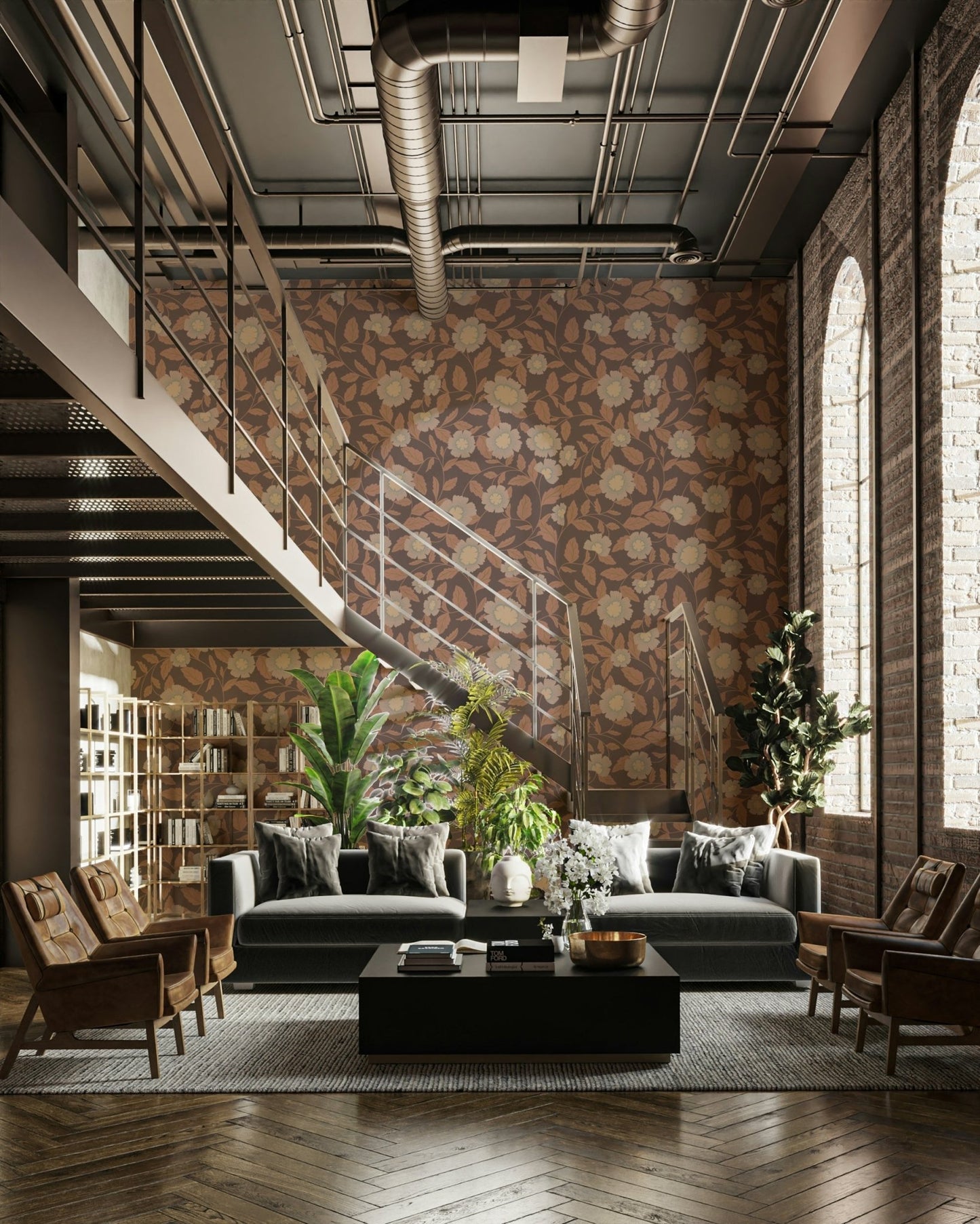 A wall mural of a peaceful floral pattern.

