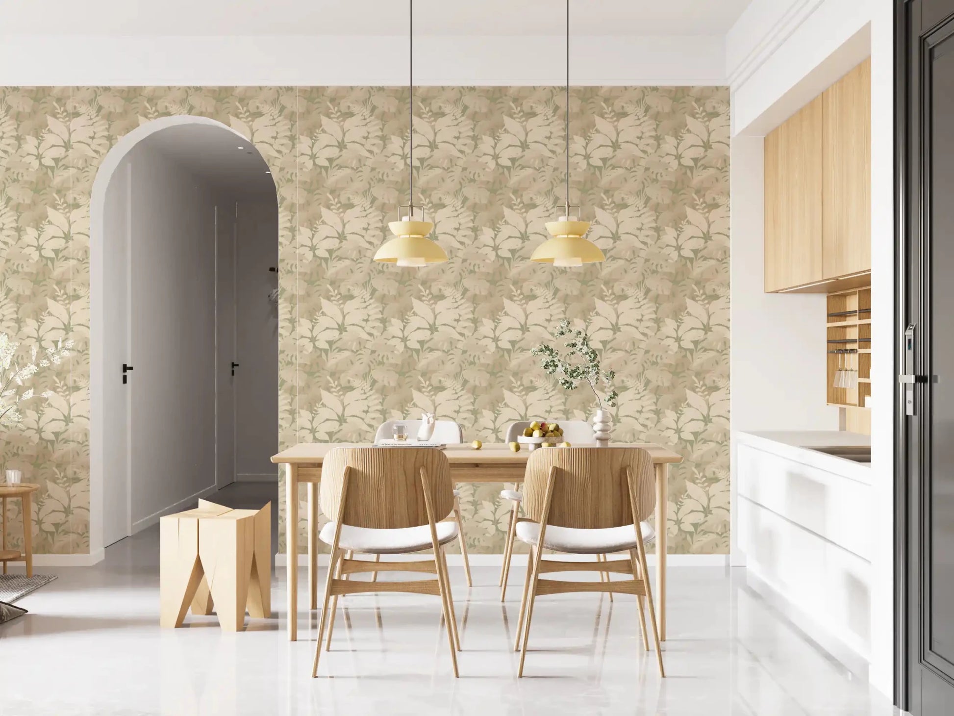 Bright dining space finished with Earthy Tropics Silhouette Monstera Leaves Wallpaper