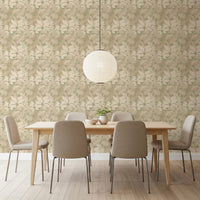 Earthy Tropics Silhouette Monstera Leaves Wallpaper in a softly lit dining room