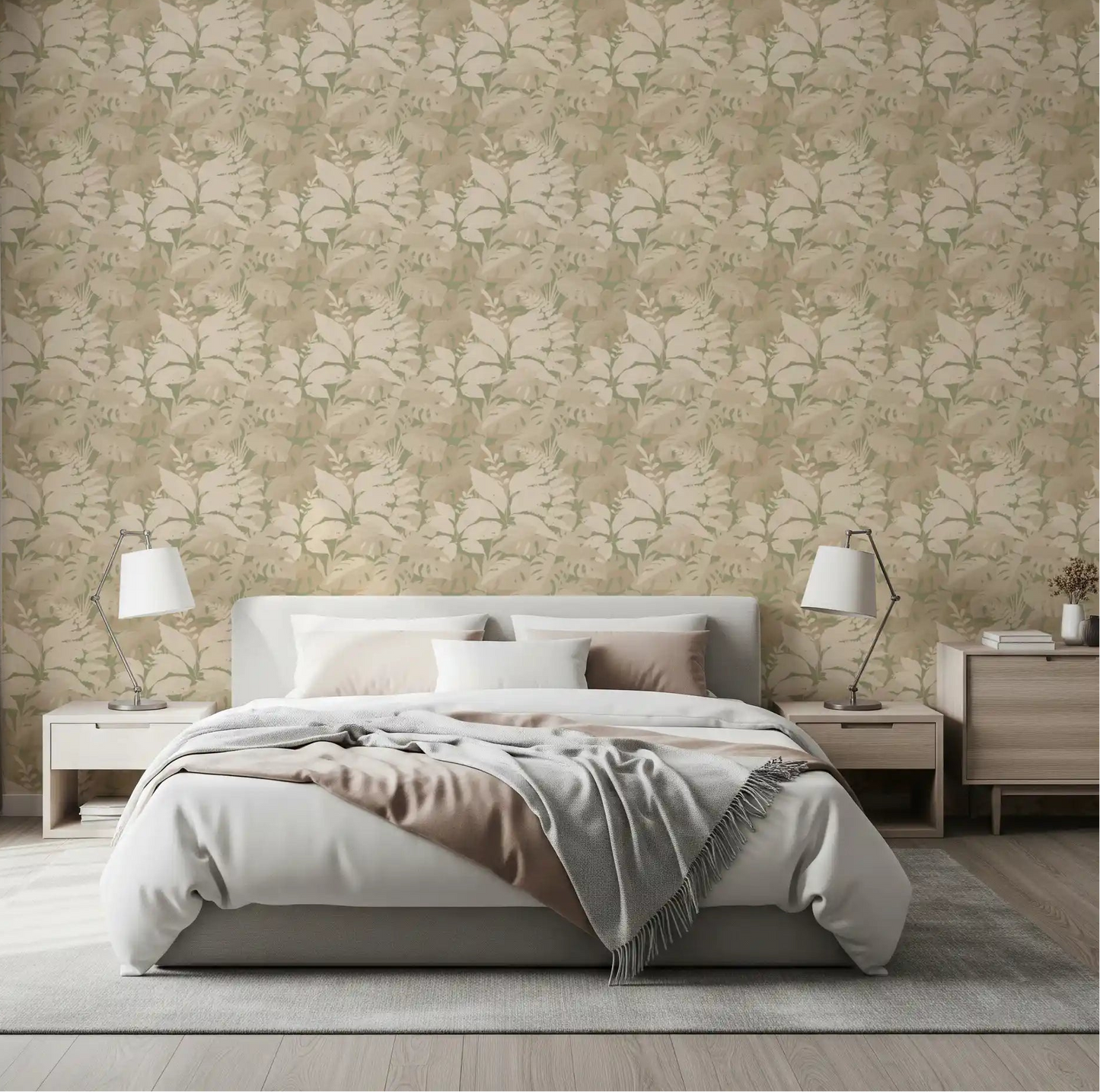 Tropics Silhouette Monstera Leaves Wallpaper behind a soft beige Bedroom 