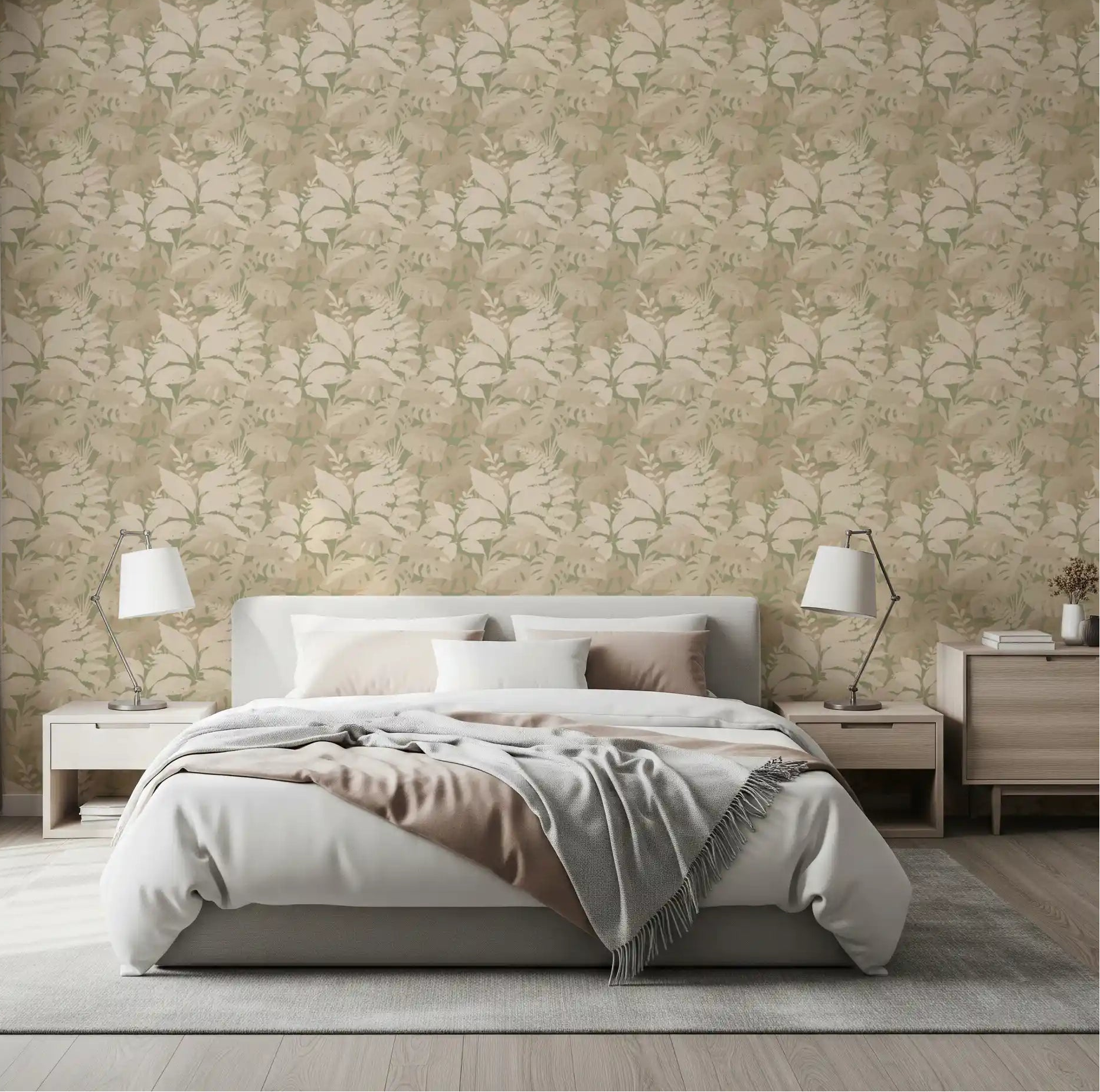 Tropics Silhouette Monstera Leaves Wallpaper behind a soft beige Bedroom 
