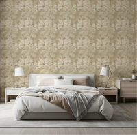 Tropics Silhouette Monstera Leaves Wallpaper behind a soft beige Bedroom 