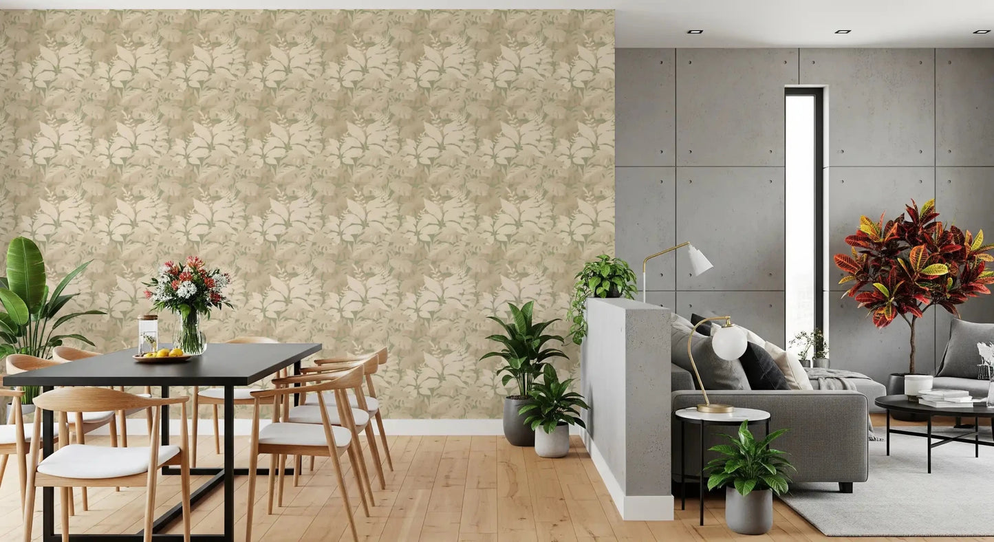 Earthy Tropics Silhouette Monstera Leaves Wallpaper styled in a modern dining nook
