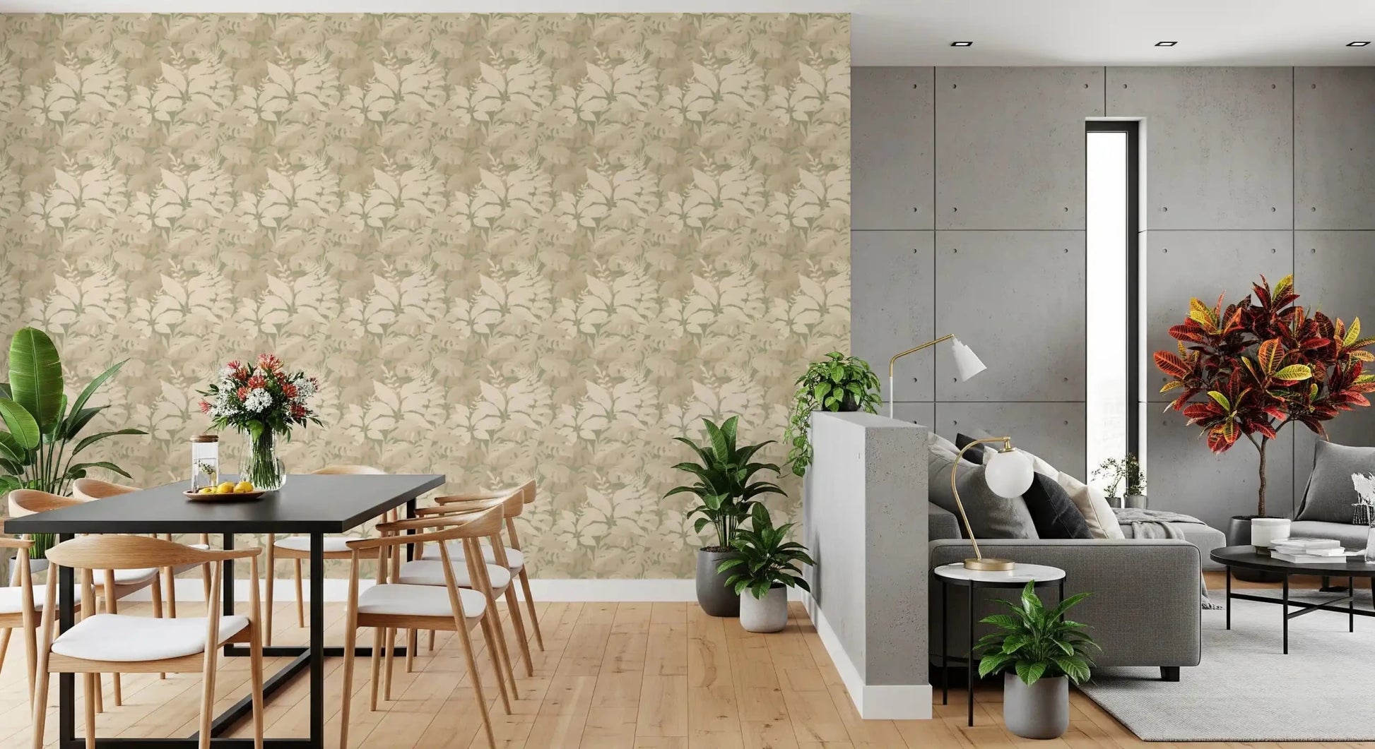 Earthy Tropics Silhouette Monstera Leaves Wallpaper styled in a modern dining nook