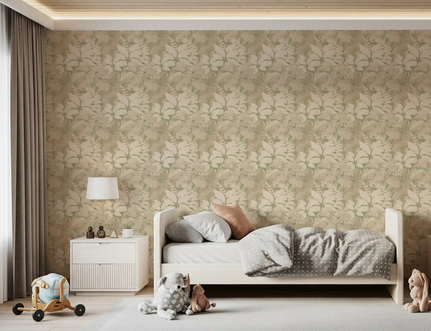 Light bedroom styled with Earthy Tropics Silhouette Monstera Leaves Wallpaper