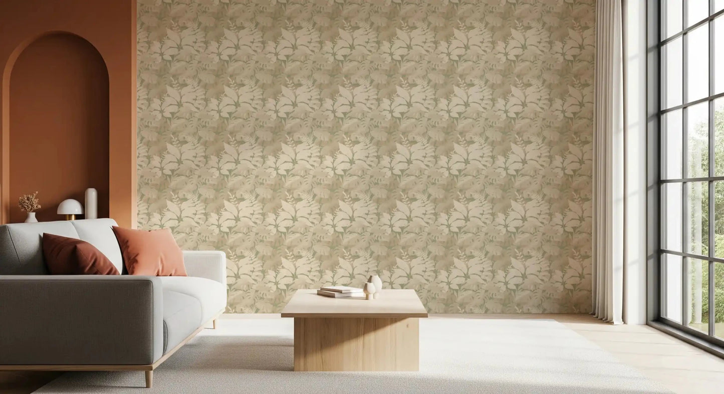 Earthy Tropics Silhouette Monstera Leaves Wallpaper in a warm neutral Living room 