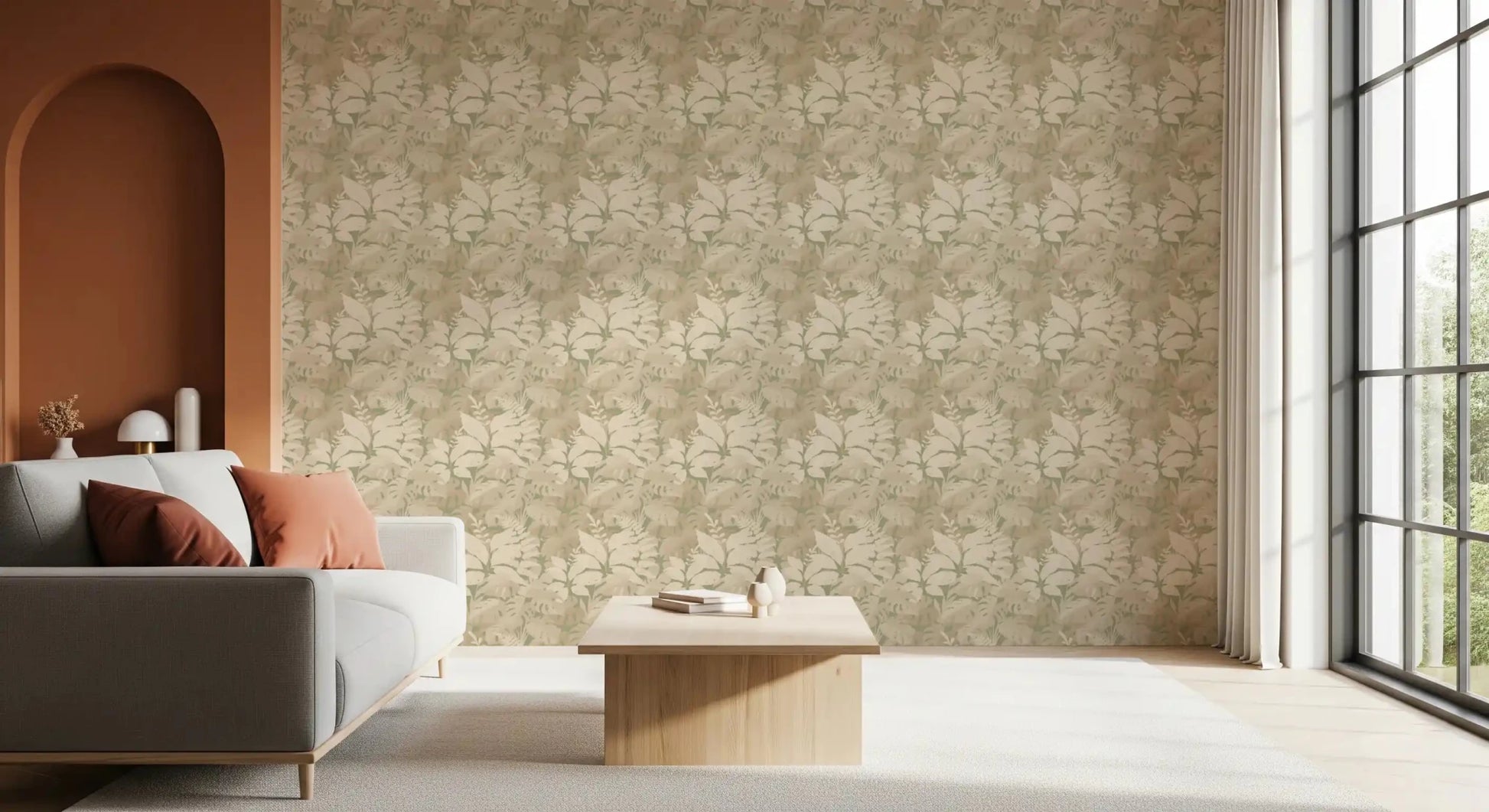 Earthy Tropics Silhouette Monstera Leaves Wallpaper in a warm neutral Living room 