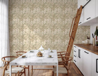Earthy Tropics Silhouette Monstera Leaves Wallpaper in a bright kitchen setting