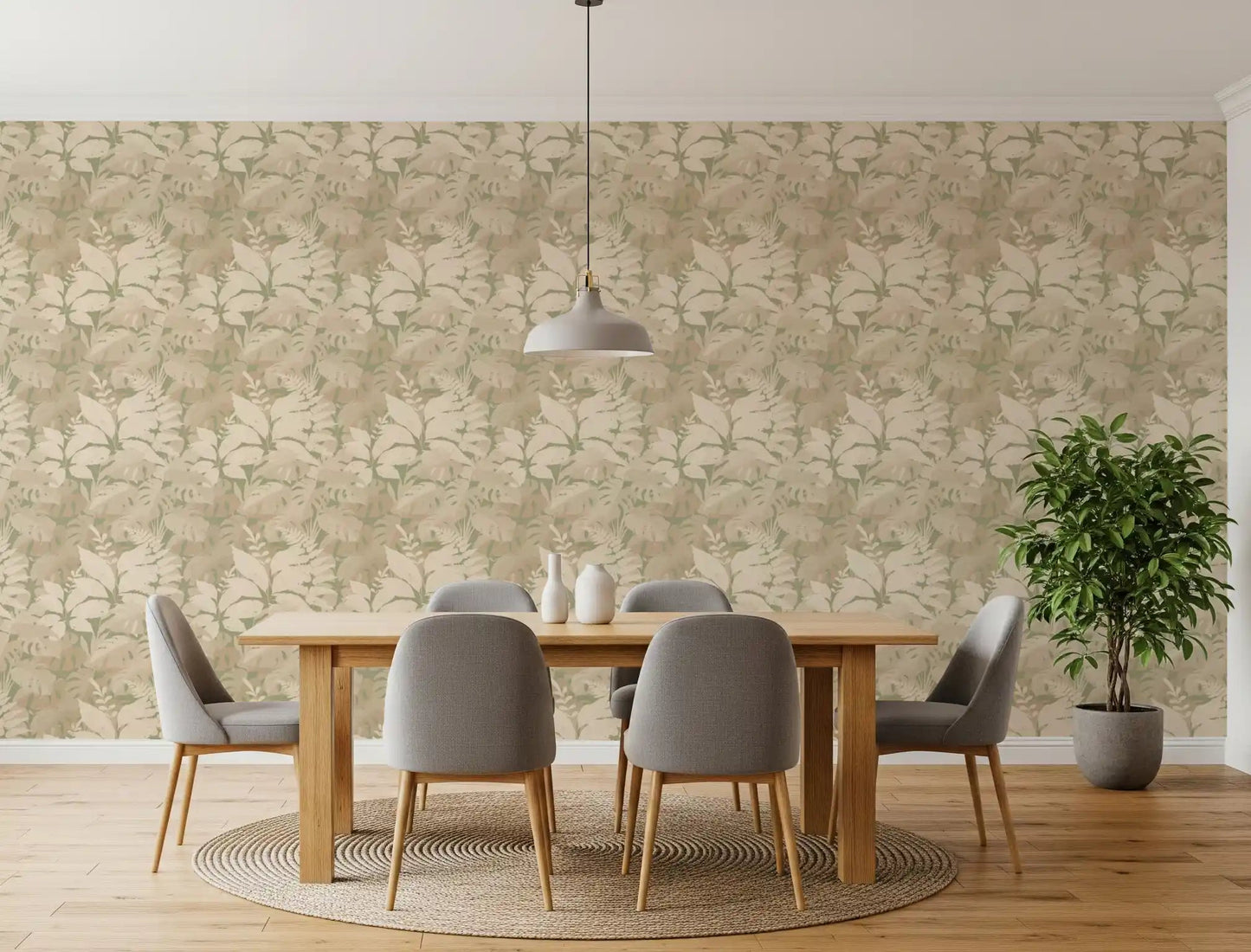 Dining area framed by Earthy Tropics Silhouette Monstera Leaves Wallpaper