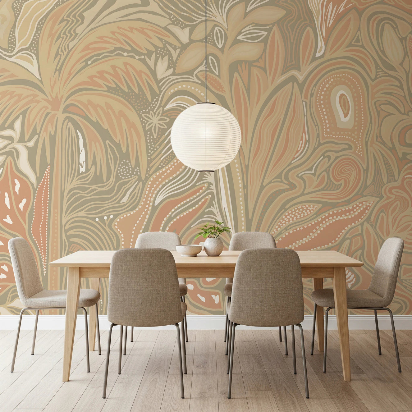 Dining room with Earthy Warm Tones Jungle Wall Mural and globe pendant light