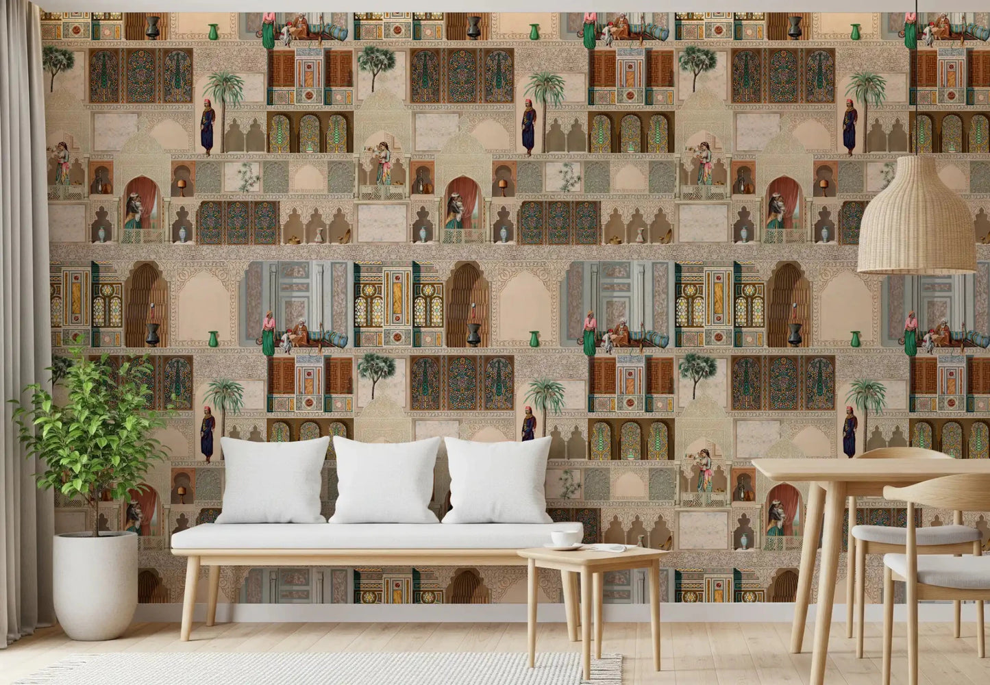 Palace story wall mural featuring layered facades and miniature-style scenes, GD8980