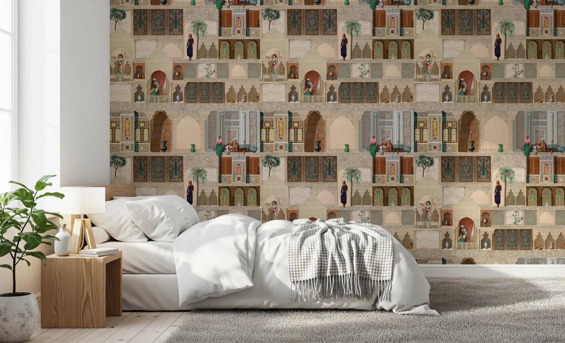 Eastern Palace Panorama Wall Mural with carved motifs and scenic alcove details, GD8980