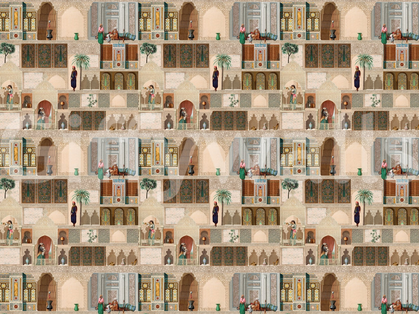 Eastern Palace Panorama Wall Mural showing heritage scenes in soft neutral tones, GD8980