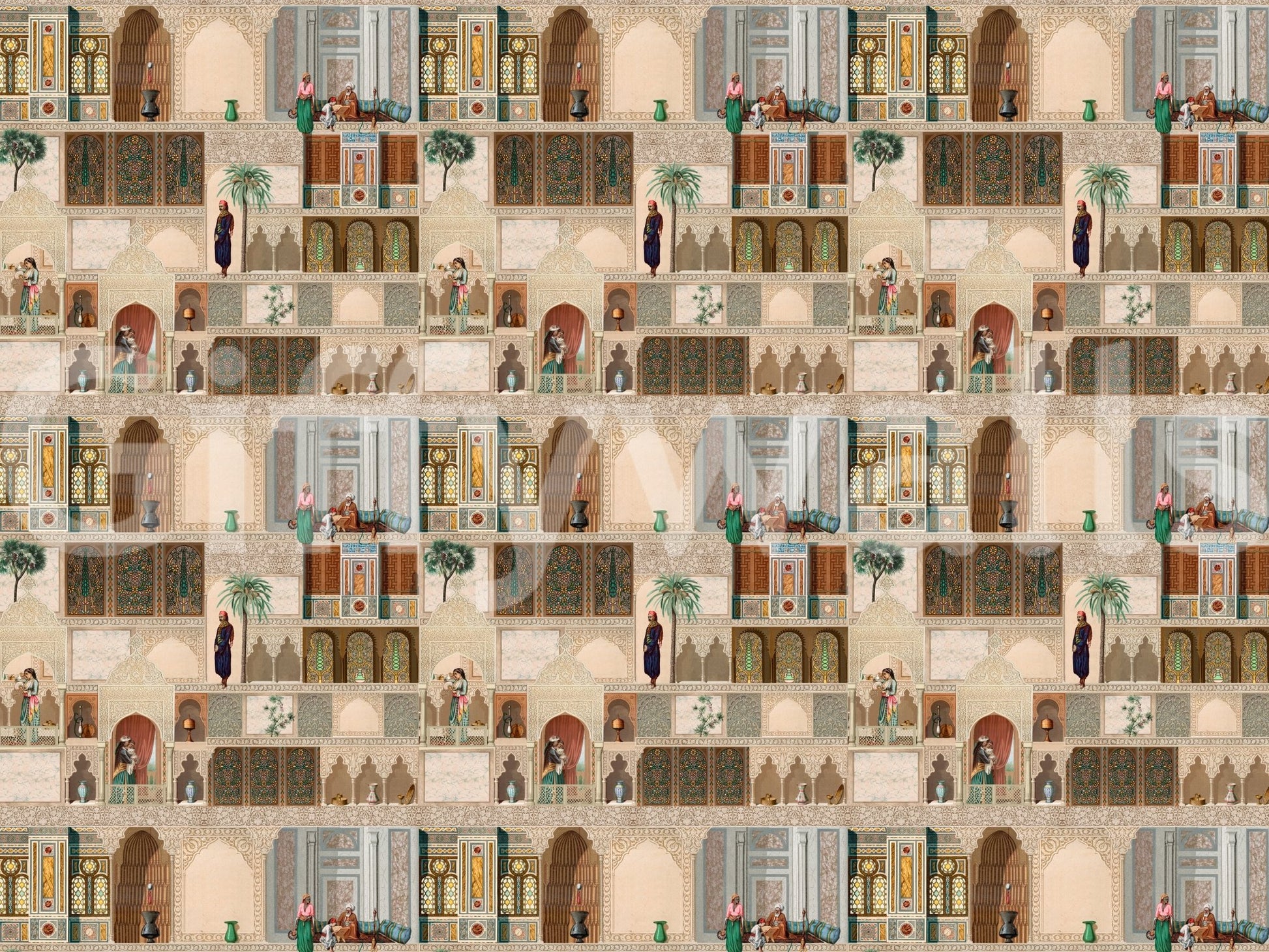 Eastern Palace Panorama Wall Mural showing heritage scenes in soft neutral tones, GD8980