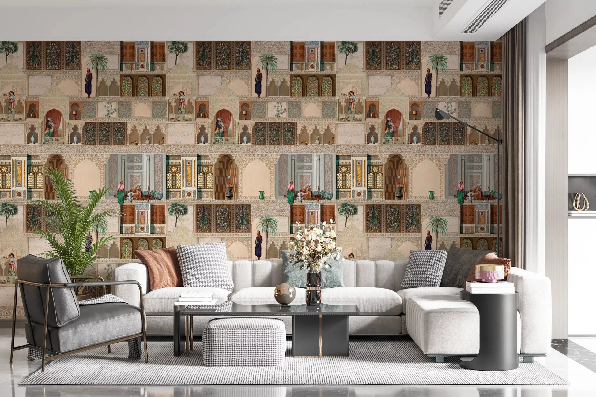 Eastern Palace Panorama Wall Mural with arches, figures, and ornate window panels, GD8980