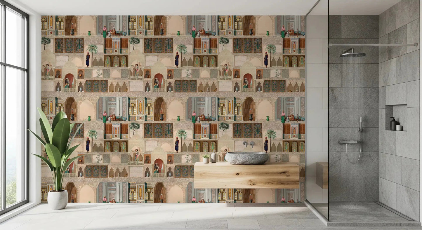 Story-rich palace wall mural styled for a refined bathroom interior, GD8980