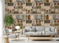 Repeating palace panel wall mural with figures, trees, and arched openings, GD8980