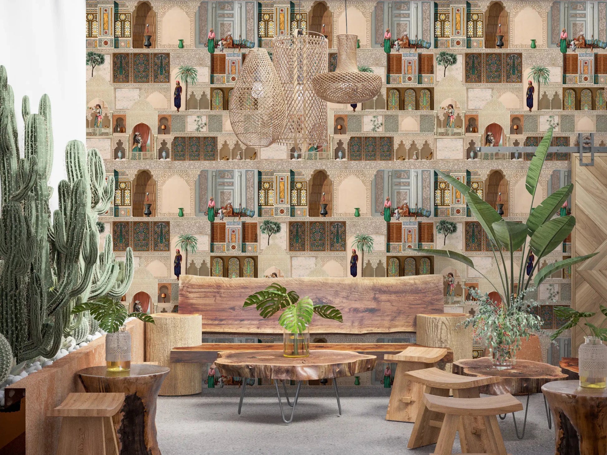 Eastern Palace Panorama Wall Mural in a Dining with ornate scenic panels, GD8980