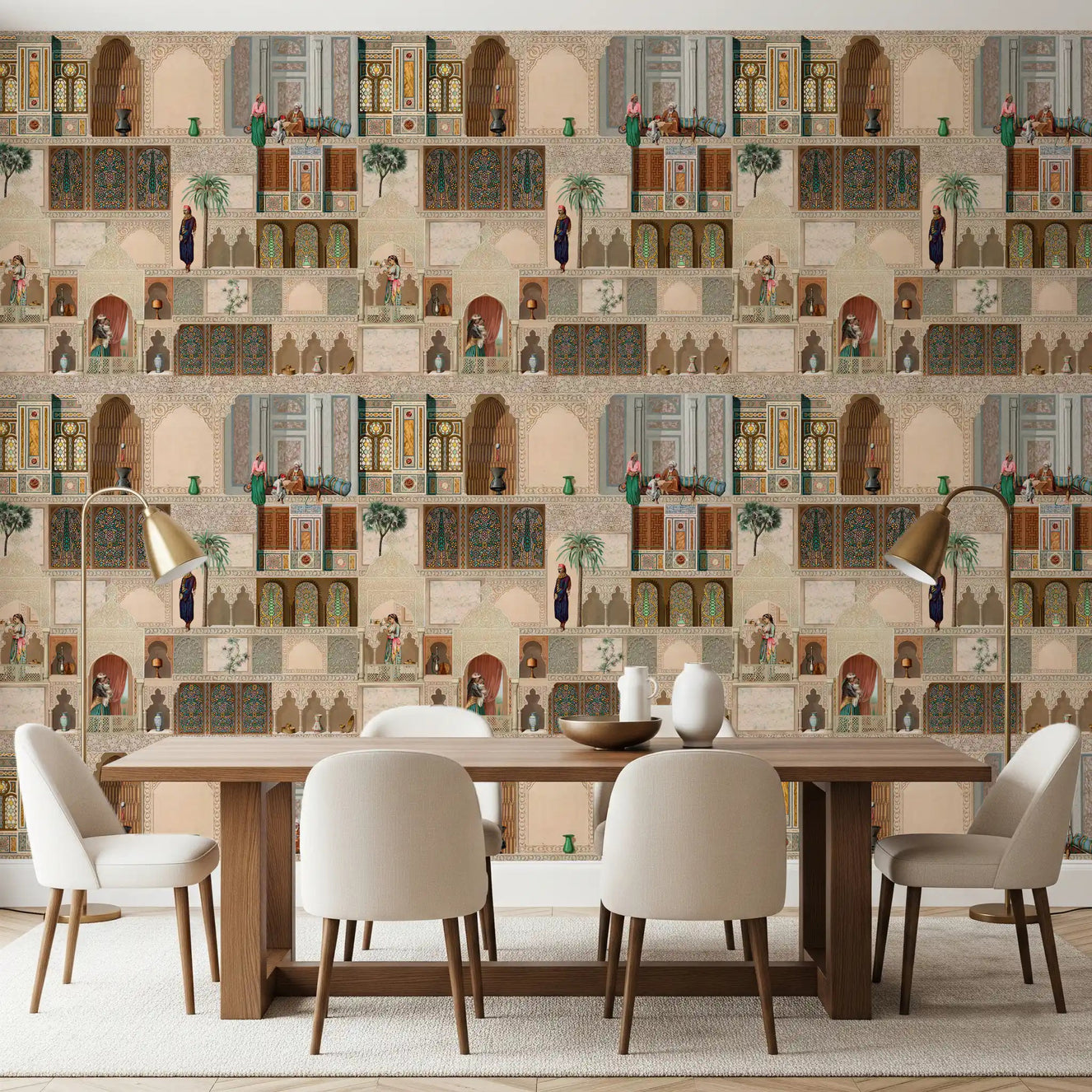 Eastern Palace Panorama Wall Mural in a dining room with layered palace scenes