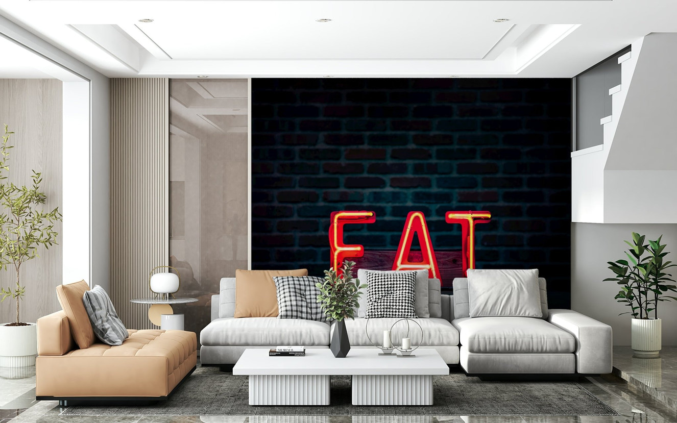 A beautiful neon sign wallpaper mural featuring the word "Eat" in bright, glowing colors.