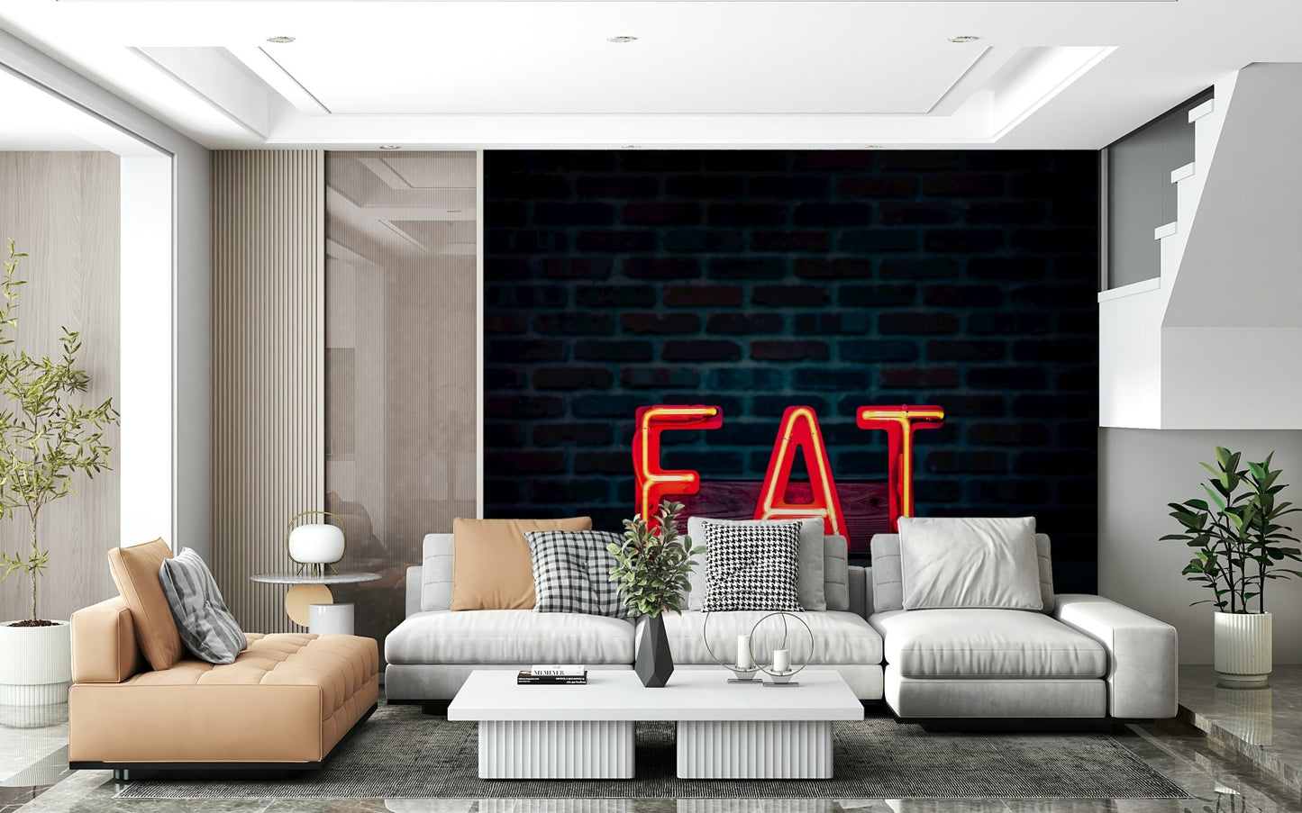 A beautiful neon sign wallpaper mural featuring the word "Eat" in bright, glowing colors.