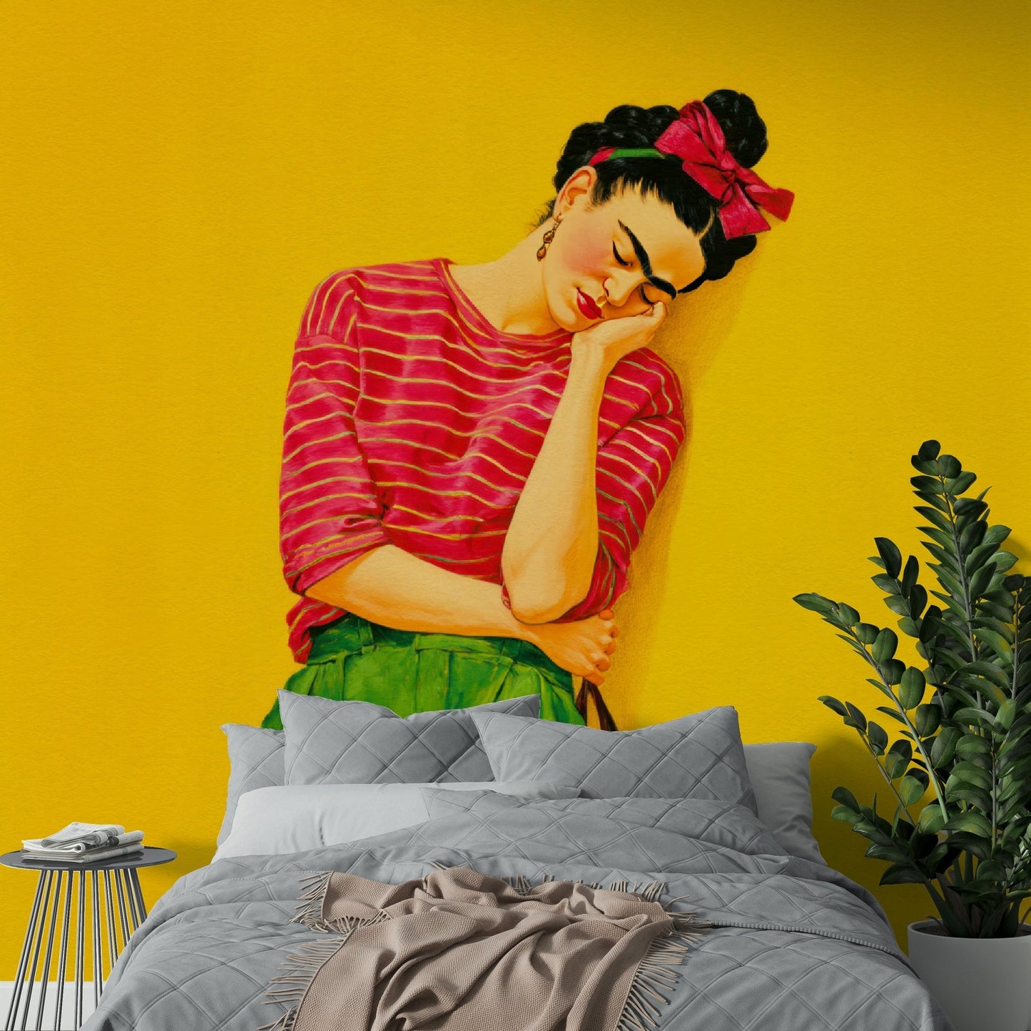 Golden abstract mural with warm botanical elements

