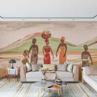 Detail of geometric motifs within the clothing and accessories of the mural.